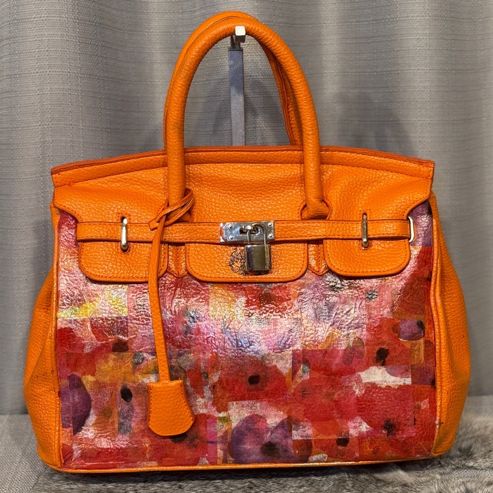 🧡 Trendy Orange Leather Satchel with Poppy Decoupage Accent 🌺